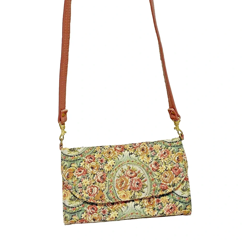 Vintage Floral Tapestry Clutch Purse Pink Leather Strap Convertible Shoulder Bag